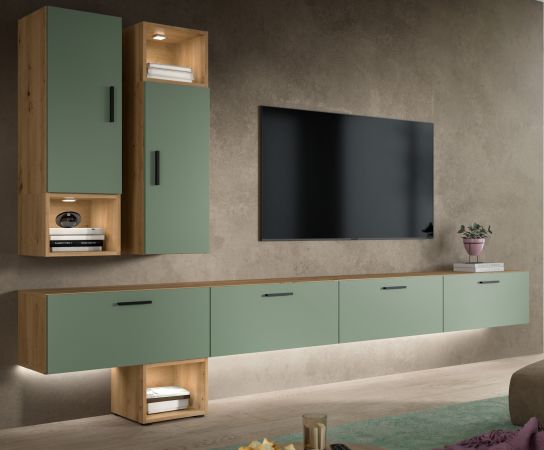Wohnwand Onawa in Gr�n und Artisan Eiche Wohnkombination h�ngend / stehend 300 x 178 cm