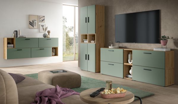 Wohnwand Onawa in Gr�n und Artisan Eiche Wohnkombination h�ngend / stehend 300 x 178 cm