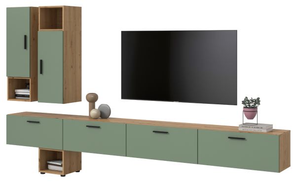 Wohnwand Onawa in Gr�n und Artisan Eiche Wohnkombination h�ngend / stehend 300 x 178 cm