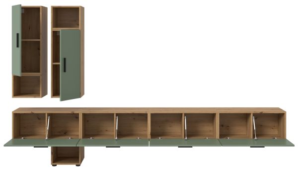 Wohnwand Onawa in Gr�n und Artisan Eiche Wohnkombination h�ngend / stehend 300 x 178 cm