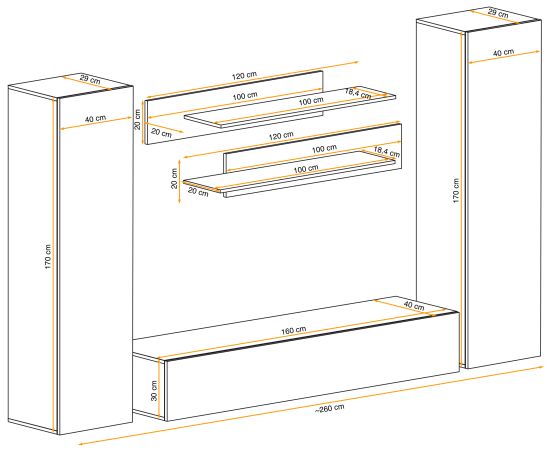 Wohnwand Option in Jackson Eiche Schrankwand 5-teilig h�ngend mit Push-To-Open, 260 x 170 cm