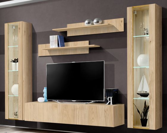 Wohnwand Option in Jackson Eiche Schrankwand 5-teilig h�ngend mit LED und Push-To-Open, 260 x 170 cm