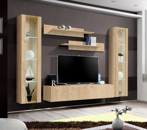 Wohnwand Option in Jackson Eiche Schrankwand 5-teilig h�ngend mit LED und Push-To-Open, 260 x 170 cm