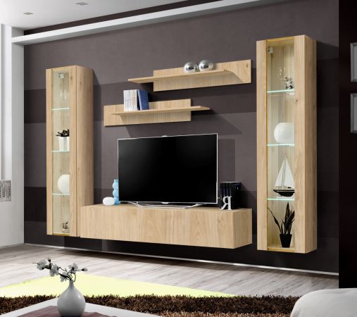 Wohnwand Option in Jackson Eiche Schrankwand 5-teilig h�ngend mit LED und Push-To-Open, 260 x 170 cm