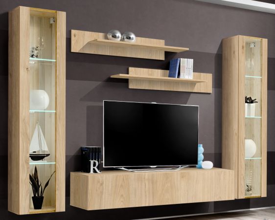 Wohnwand Option in Jackson Eiche Schrankwand 5-teilig h�ngend mit LED und Push-To-Open, 260 x 170 cm