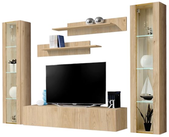 Wohnwand Option in Jackson Eiche Schrankwand 5-teilig h�ngend mit LED und Push-To-Open, 260 x 170 cm