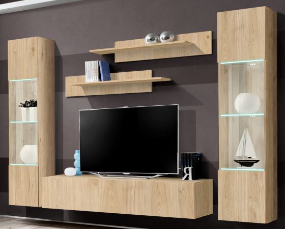 Wohnwand Option in Jackson Eiche Schrankwand 5-teilig h�ngend inkl. LED und Push-To-Open, 260 x 170 cm