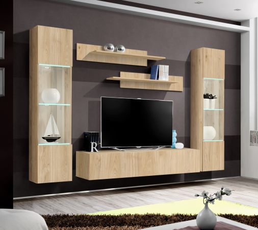 Wohnwand Option in Jackson Eiche Schrankwand 5-teilig h�ngend inkl. LED und Push-To-Open, 260 x 170 cm