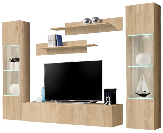 Wohnwand Option in Jackson Eiche Schrankwand 5-teilig h�ngend inkl. LED und Push-To-Open, 260 x 170 cm