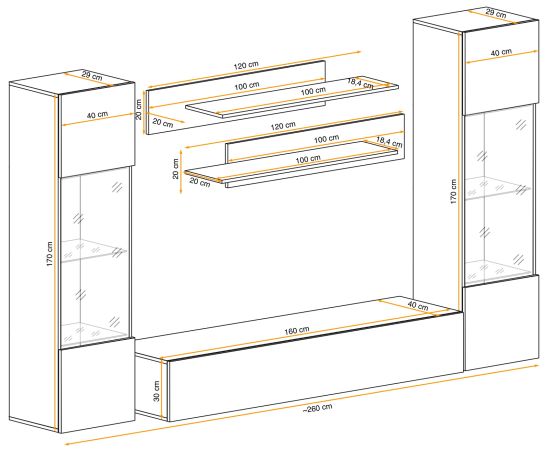 Wohnwand Option in Jackson Eiche Schrankwand 5-teilig h�ngend inkl. LED und Push-To-Open, 260 x 170 cm
