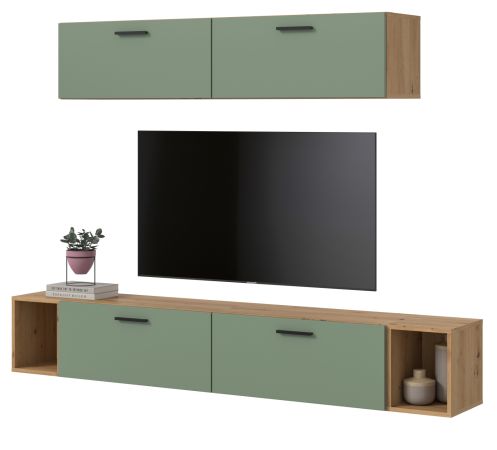 Wohnwand Onawa in Gr�n und Artisan Eiche Wohnkombination 202 x 184 cm, Soft-Close