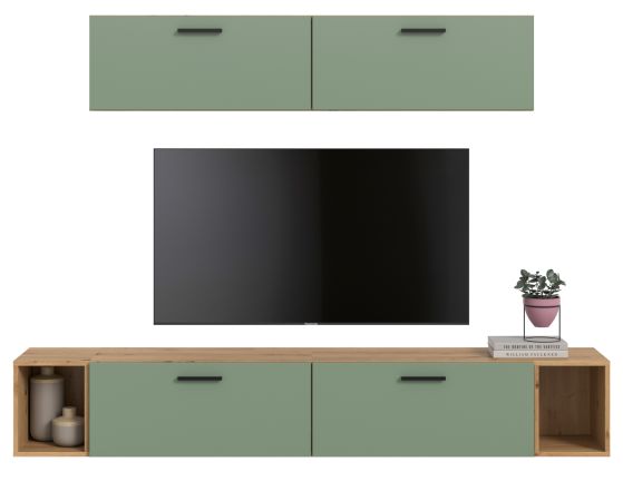 Wohnwand Onawa in Gr�n und Artisan Eiche Wohnkombination 202 x 184 cm, Soft-Close