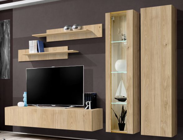 Wohnwand Option in Jackson Eiche Schrankwand 5-teilig h�ngend inkl. LED und Push-To-Open, 260 cm
