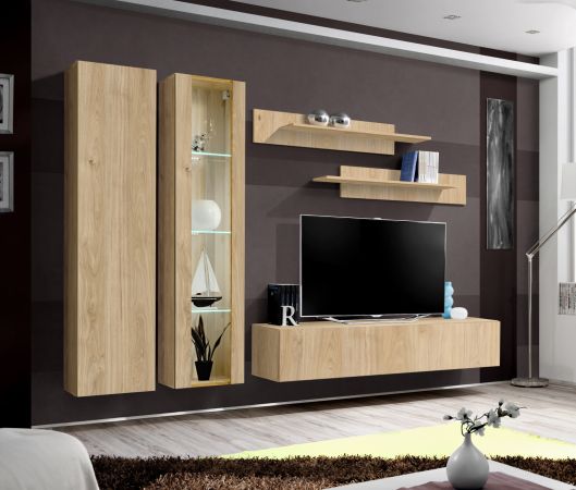 Wohnwand Option in Jackson Eiche Schrankwand 5-teilig h�ngend inkl. LED und Push-To-Open, 260 cm