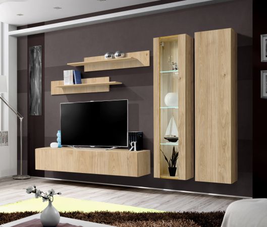 Wohnwand Option in Jackson Eiche Schrankwand 5-teilig h�ngend inkl. LED und Push-To-Open, 260 cm