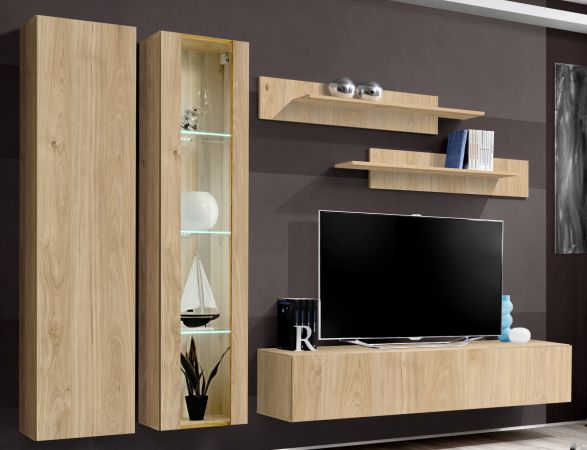 Wohnwand Option in Jackson Eiche Schrankwand 5-teilig h�ngend inkl. LED und Push-To-Open, 260 cm