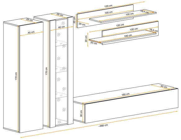 Wohnwand Option in Jackson Eiche Schrankwand 5-teilig h�ngend inkl. LED und Push-To-Open, 260 cm