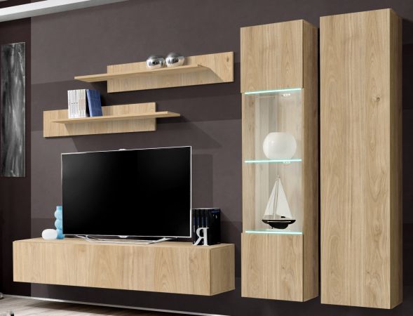 Wohnwand Option in Jackson Eiche Schrankwand 5-teilig h�ngend inkl. LED und Push-To-Open, 260 x 170 cm