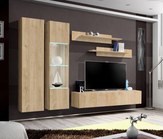 Wohnwand Option in Jackson Eiche Schrankwand 5-teilig h�ngend inkl. LED und Push-To-Open, 260 x 170 cm