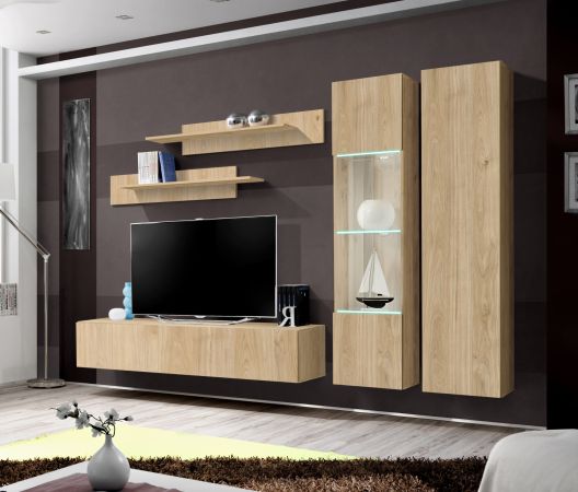 Wohnwand Option in Jackson Eiche Schrankwand 5-teilig h�ngend inkl. LED und Push-To-Open, 260 x 170 cm