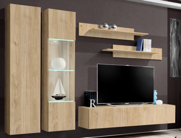 Wohnwand Option in Jackson Eiche Schrankwand 5-teilig h�ngend inkl. LED und Push-To-Open, 260 x 170 cm