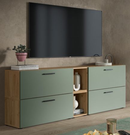 TV-Lowboard Onawa in Gr�n und Artisan Eiche TV-Unterteil h�ngend / stehend 176 cm, Soft-Close