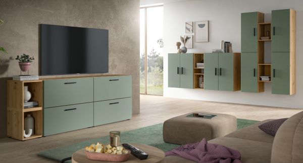 TV-Lowboard Onawa in Gr�n und Artisan Eiche TV-Unterteil h�ngend / stehend 176 cm, Soft-Close