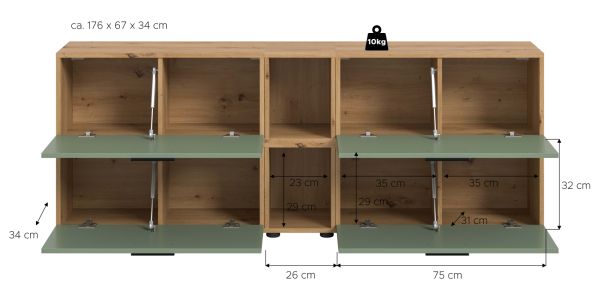 TV-Lowboard Onawa in Gr�n und Artisan Eiche TV-Unterteil h�ngend / stehend 176 cm, Soft-Close