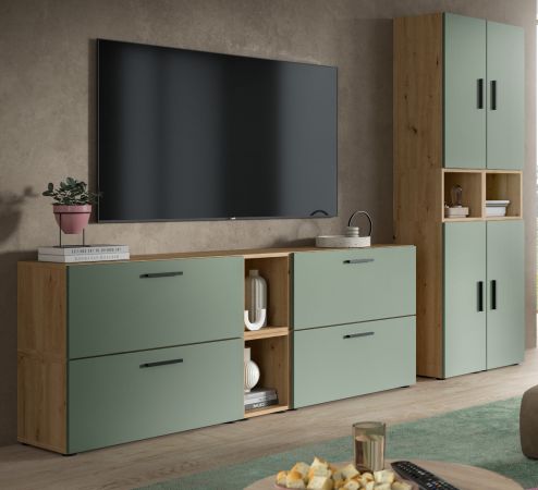 Wohnwand Onawa in Gr�n und Artisan Eiche Wohnkombination 256 x 178 cm, Soft-Close