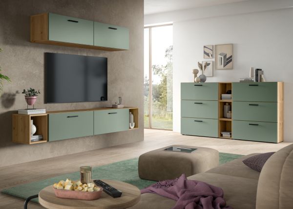 Wohnwand Onawa in Gr�n und Artisan Eiche Wohnkombination 256 x 178 cm, Soft-Close