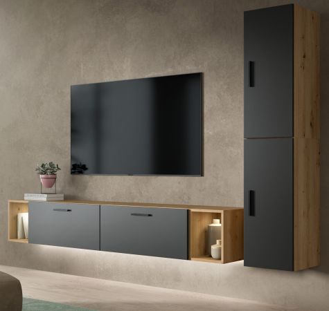 Wohnwand Onawa in Grau und Artisan Eiche Wohnkombination h�ngend / stehend 249 x 184 cm