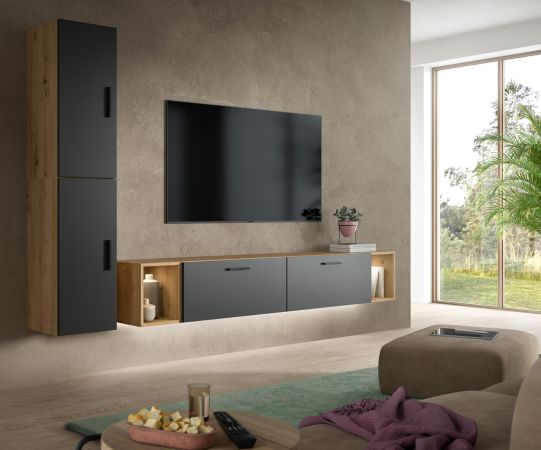 Wohnwand Onawa in Grau und Artisan Eiche Wohnkombination h�ngend / stehend 249 x 184 cm