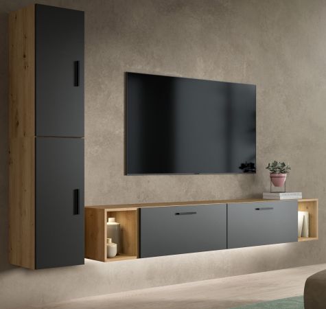 Wohnwand Onawa in Grau und Artisan Eiche Wohnkombination h�ngend / stehend 249 x 184 cm