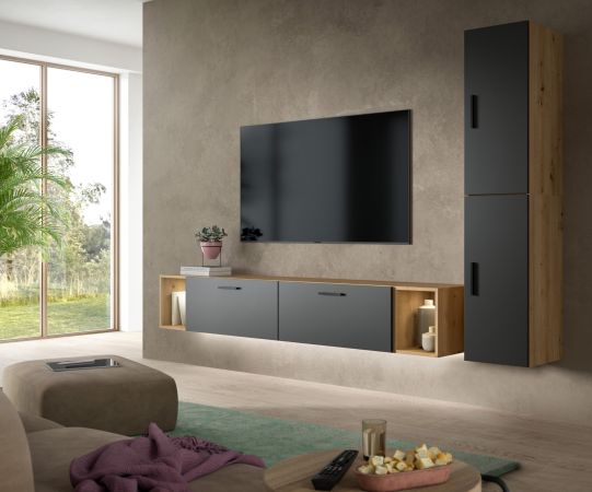 Wohnwand Onawa in Grau und Artisan Eiche Wohnkombination h�ngend / stehend 249 x 184 cm