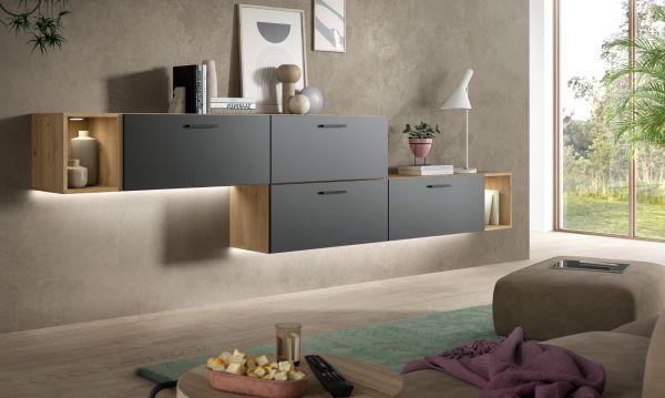 Wohnwand Onawa in Grau und Artisan Eiche Wohnkombination h�ngend / stehend 249 x 184 cm