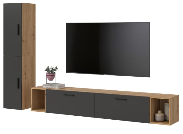 Wohnwand Onawa in Grau und Artisan Eiche Wohnkombination h�ngend / stehend 249 x 184 cm