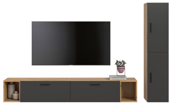 Wohnwand Onawa in Grau und Artisan Eiche Wohnkombination h�ngend / stehend 249 x 184 cm