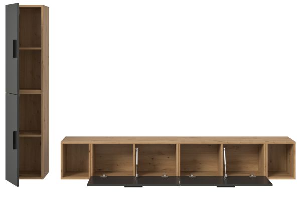 Wohnwand Onawa in Grau und Artisan Eiche Wohnkombination h�ngend / stehend 249 x 184 cm