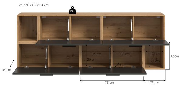 Sideboard Onawa in Grau und Artisan Eiche Kommode h�ngend / stehend 176 cm, Soft-Close