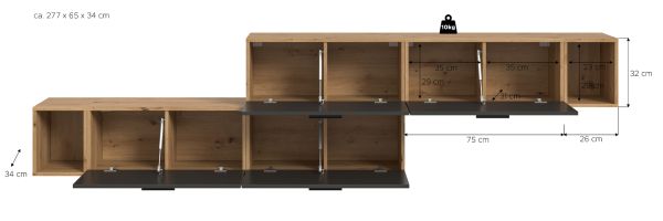 Sideboard Onawa in Grau und Artisan Eiche Stauraumschrank 277 cm, Soft-Close