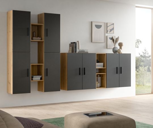 Wohnwand Onawa in Grau und Artisan Eiche Wohnkombination h�ngend / stehend 259 x 184 cm