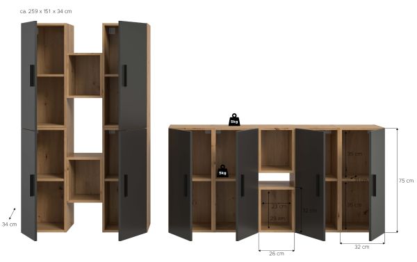 Wohnwand Onawa in Grau und Artisan Eiche Wohnkombination h�ngend / stehend 259 x 184 cm