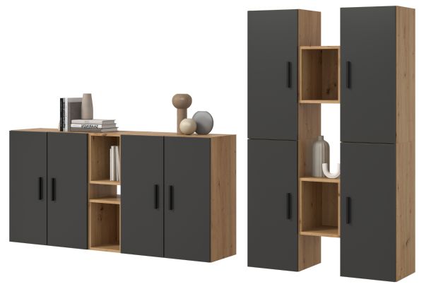 Wohnwand Onawa in Grau und Artisan Eiche Wohnkombination h�ngend / stehend 259 x 184 cm