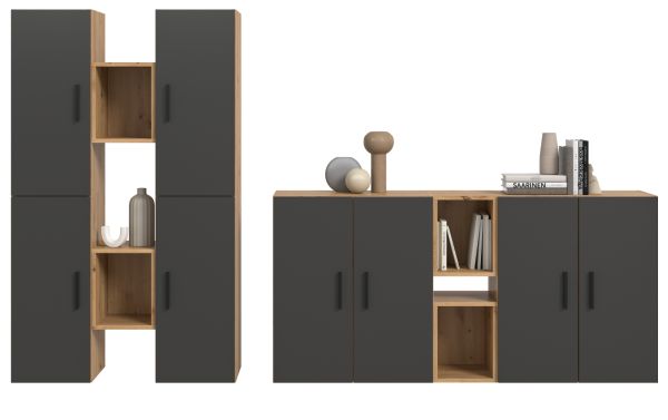 Wohnwand Onawa in Grau und Artisan Eiche Wohnkombination h�ngend / stehend 259 x 184 cm