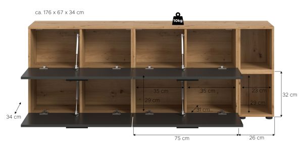 TV-Lowboard Onawa in Grau und Artisan Eiche TV-Unterteil h�ngend / stehend 176 cm, Soft-Close