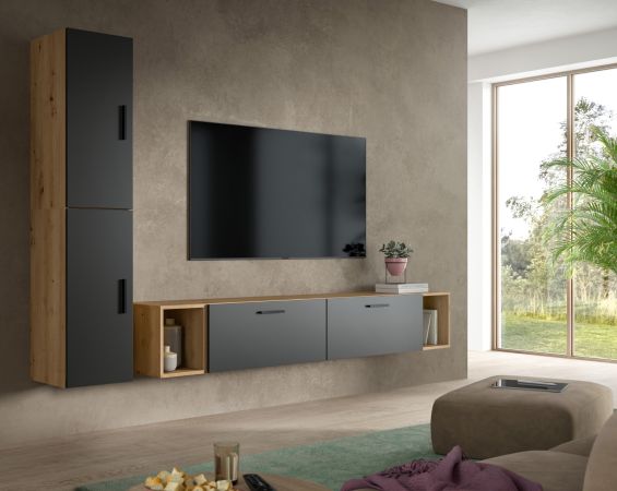 TV-Lowboard Onawa in Grau und Artisan Eiche TV-Unterteil h�ngend / stehend 176 cm, Soft-Close