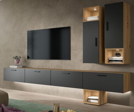 Wohnwand Onawa in Grau und Artisan Eiche Wohnkombination h�ngend / stehend 300 x 178 cm