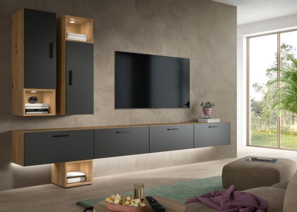 Wohnwand Onawa in Grau und Artisan Eiche Wohnkombination h�ngend / stehend 300 x 178 cm