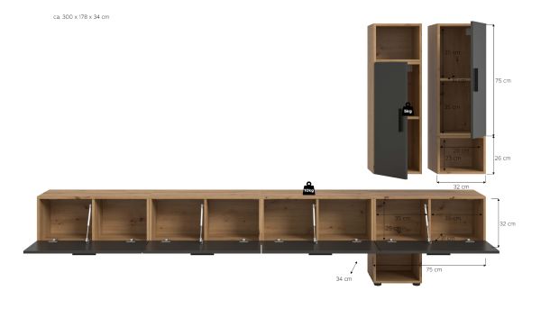 Wohnwand Onawa in Grau und Artisan Eiche Wohnkombination h�ngend / stehend 300 x 178 cm