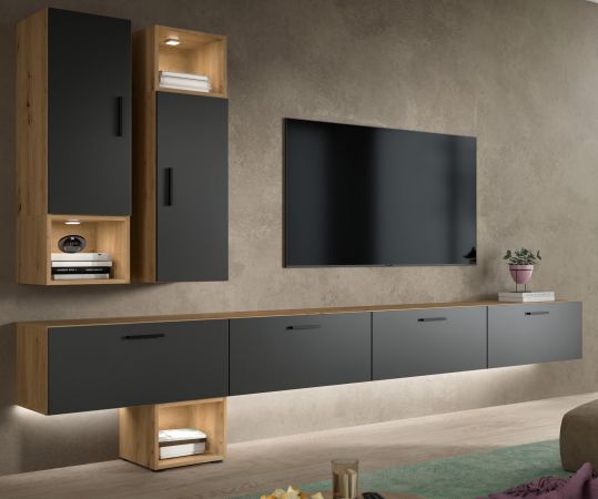 Wohnwand Onawa in Grau und Artisan Eiche Wohnkombination h�ngend / stehend 300 x 178 cm